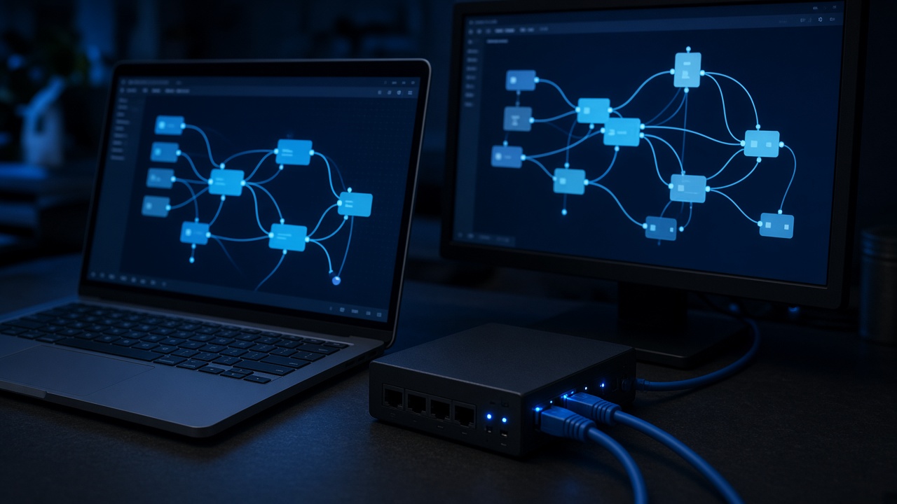 Laptop, monitor ze schematem węzłów i bramka z kablami na biurku inżynierskim. Materiał wytworzony przy użyciu systemu sztucznej inteligencji na potrzeby serwisu We Stay Legal; nie stanowi zwielokrotnienia utworu pobranego z sieci.